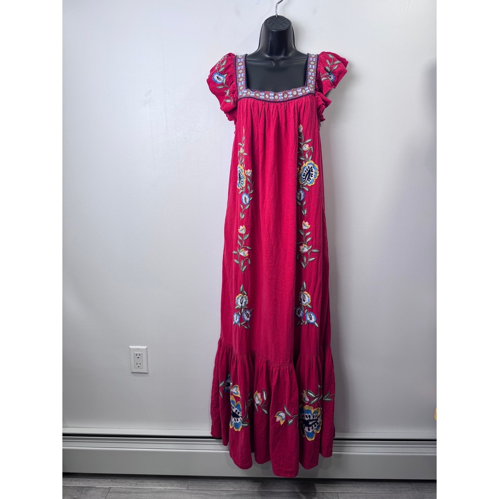 Farm Rio Women Red Maxi Dress Floral Embroidered Flutter Sleeve Large Petite